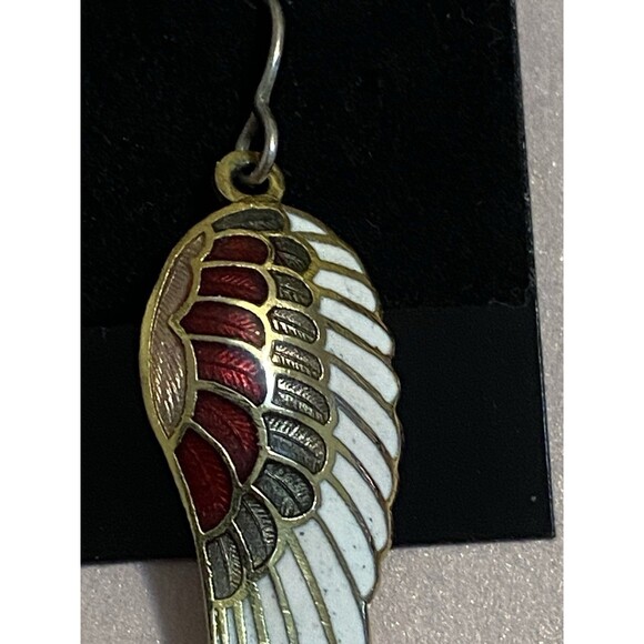 Angel Wing Drop Earrings Cloisonne Enamel Dangle White Red Green - Picture 3 of 9